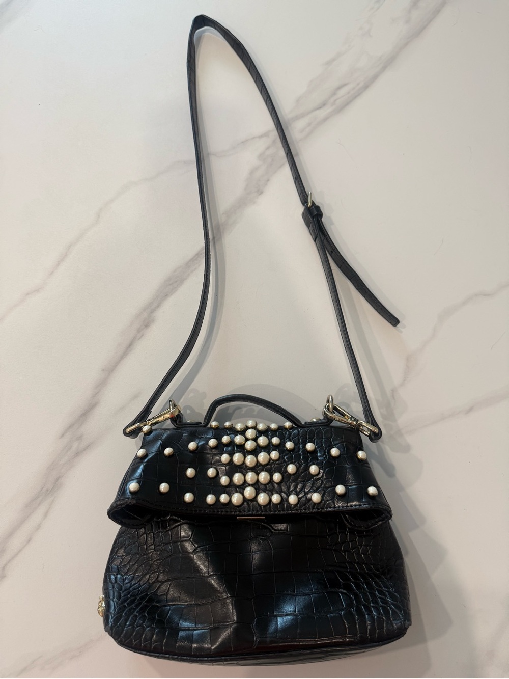 Christian Siriano Black Croc-Embossed Pearl & Stud Crossbody Bag
